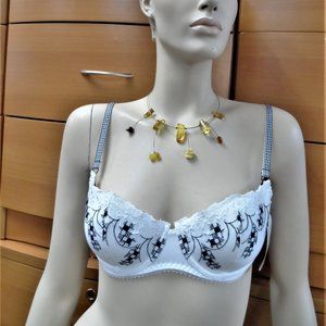 WHITE EMBROIDERED COTTON BALCONETTE BRA, EUROPEAN PADDED BRA, GIFT FOR WOMEN